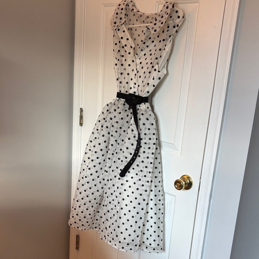 Unique Vintage White Polka Dot Midi Dress with Black Belt